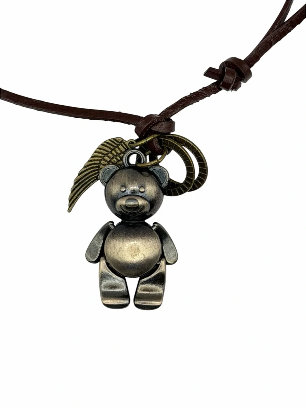 Vintage Style Teddy Bear Pendant Necklace Leather Cord Articulated Boho Charm